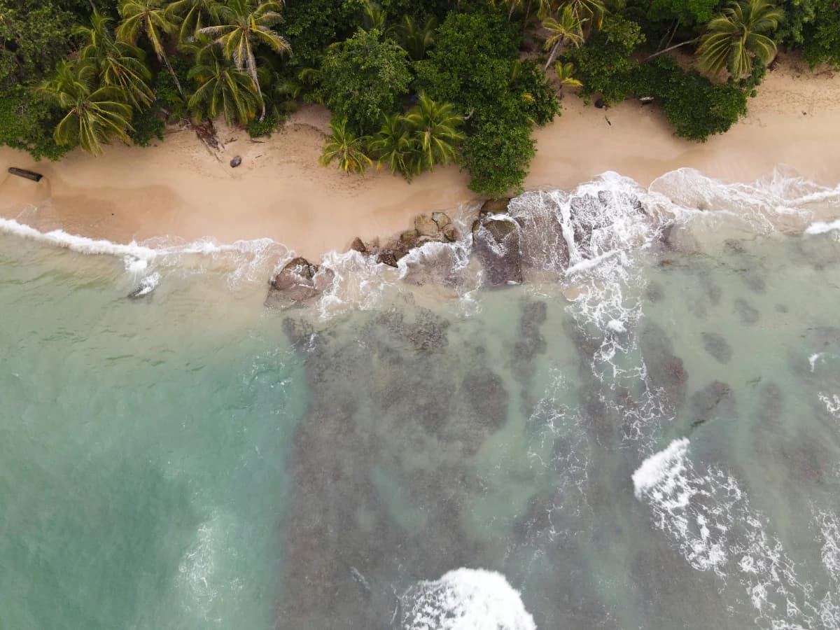 Vue large sur la jungle et la mer des Caraïbes autour du lieu de retraite